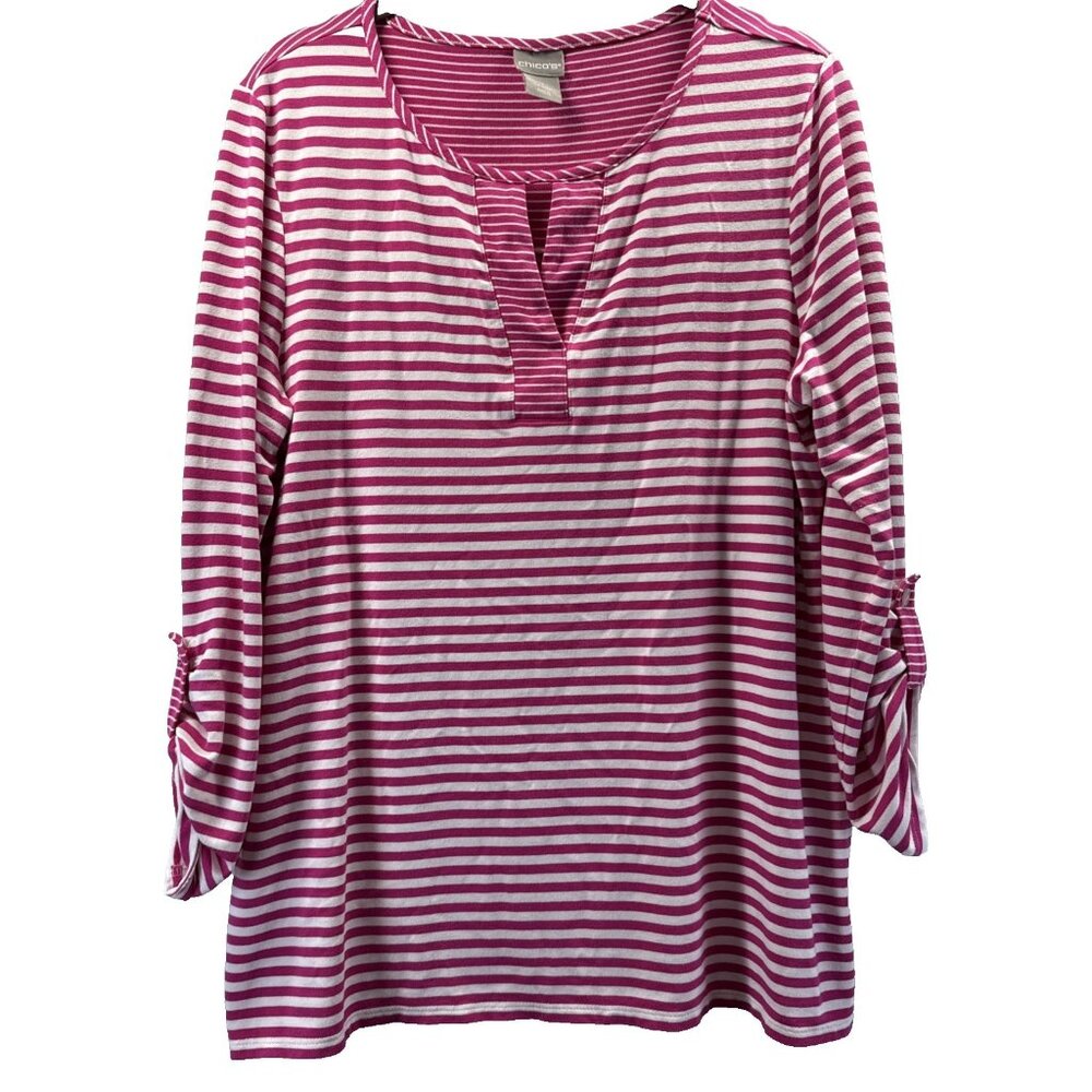 Chicos Women's Top Size M Pink White Knit Pullover Mixed Stripes Stretch 3/4 Slv